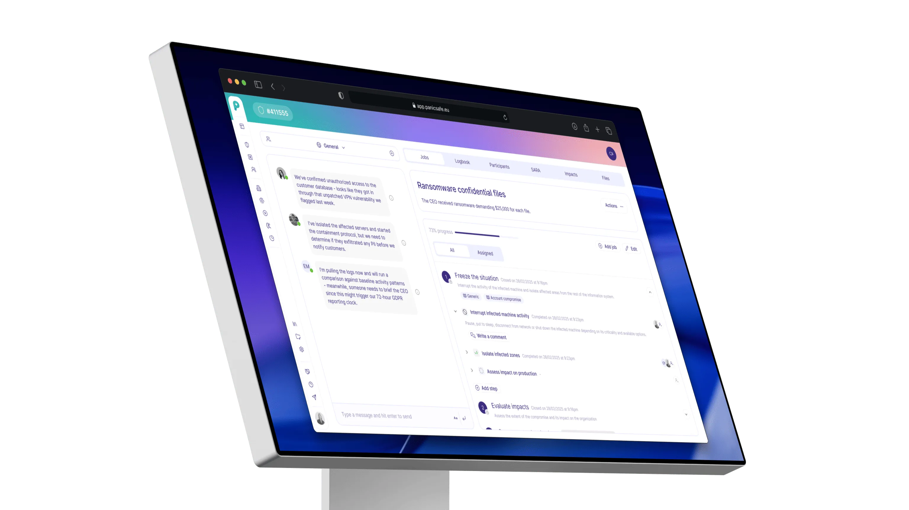 Cellule de crise PanicSafe sur écran d'ordinateur