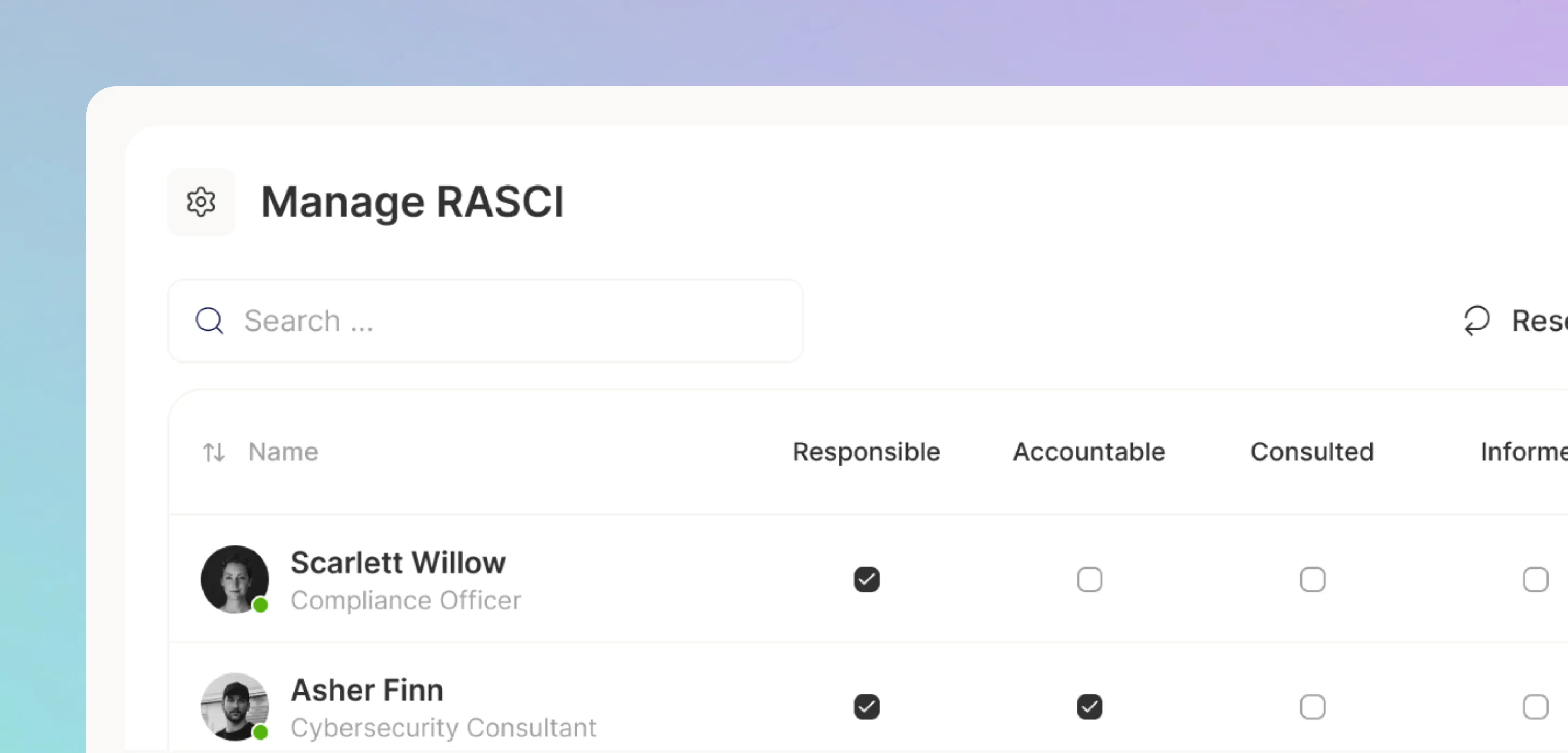 Matrice RASCI de PanicSafe attribuant un responsable clair et des rôles de support à chaque tâche de crise