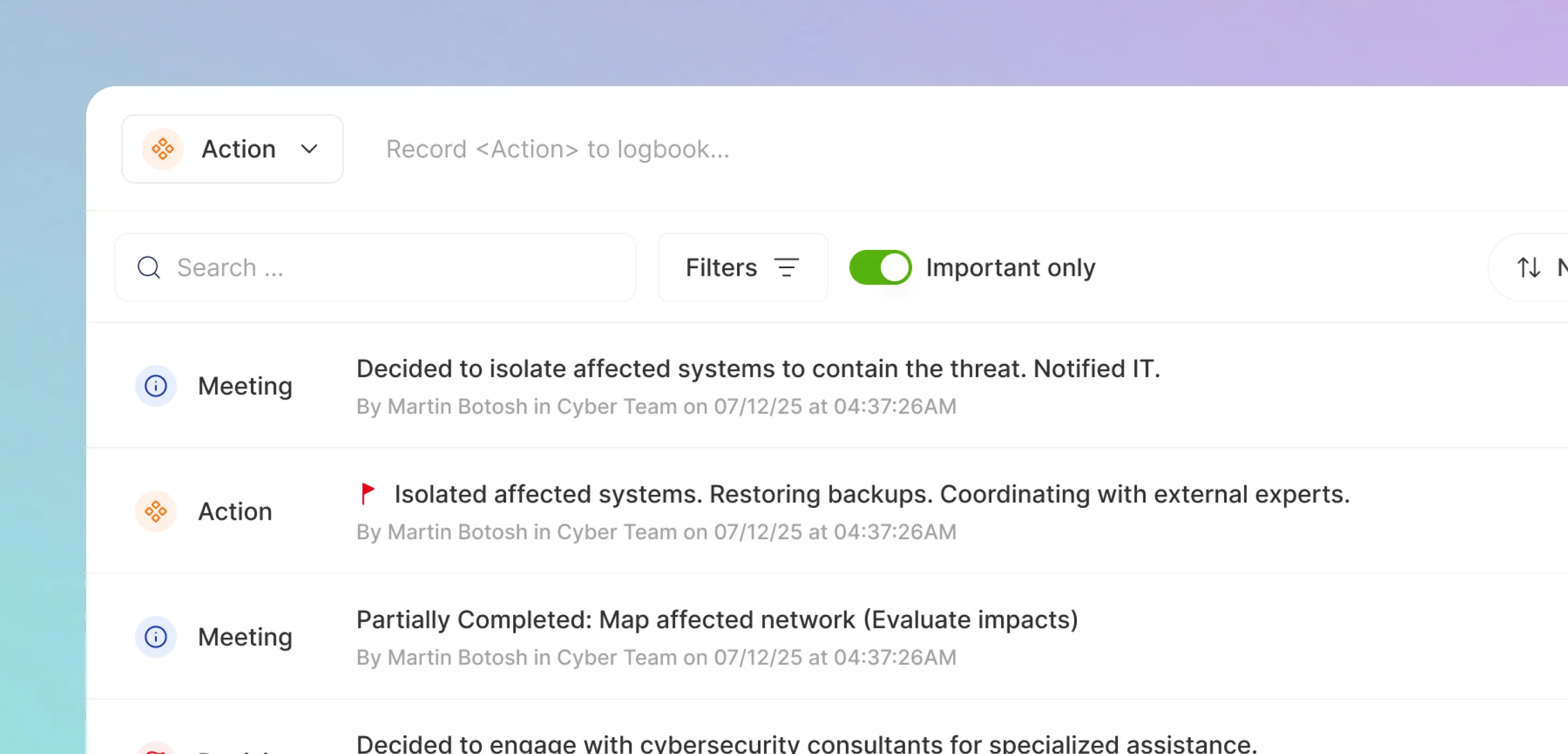 Main courante automatique PanicSafe enregistrant chaque action et décision avec qui, quoi et quand